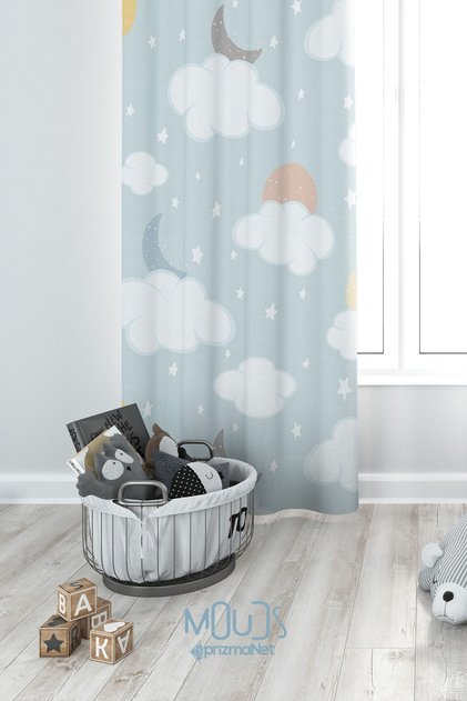 Moon and Cloud Patterned Background Curtain for Children's and Baby's Room Suede Digital Printed Extralarge Fabric Drawstring Single Wing