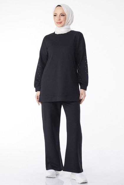 Black Rhinestone Sleeve Straight Crew Neck Women's Tracksuit Set - 13131
