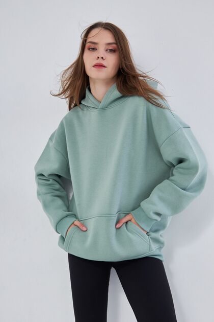 Unisex Su Yeşili Basic Sweatshirt Kapşonlu Hoodie %100 Pamuklu