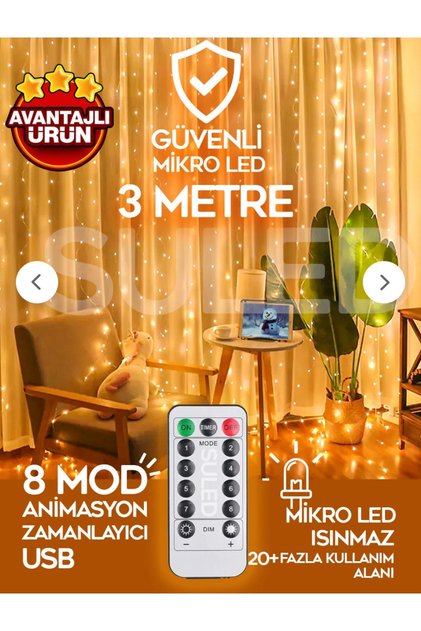 Perde Led 3x3 Metre Kumandalı 8 Mod Ambiyans Ayarlabilir Boy Dekor Mikro Led Işık Perde