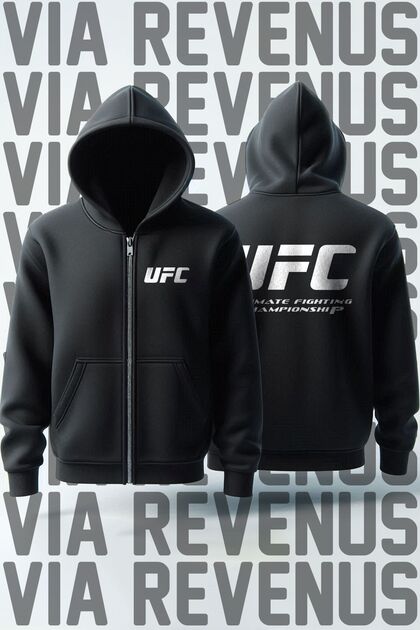 UFC Ön Arka Baskılı Unisex Fermuarlı Kapüşonlu Sweatshirt Hırka