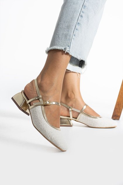 Gold Tweed Stoff Kurzer Blockabsatz Babet Schuhe