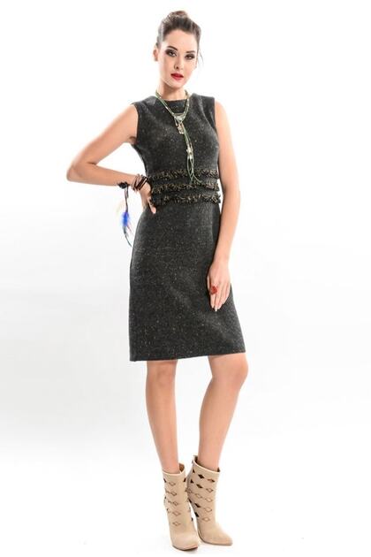 Safran Black Authentic Tassel Sleeveless Tweet Dress