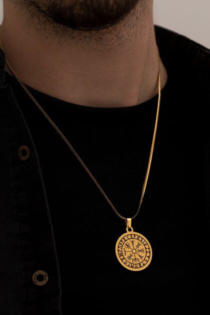 Viking Compass Model Yellow Men's Steel Pendant, Gift for Lover, Spouse, Father, Necklace