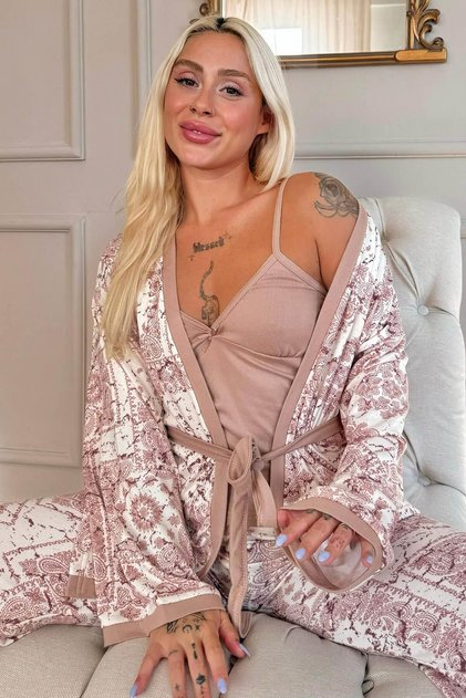 Ethnic Patterned Brown Women's Pajamas and Thermal Dressing Gown Set