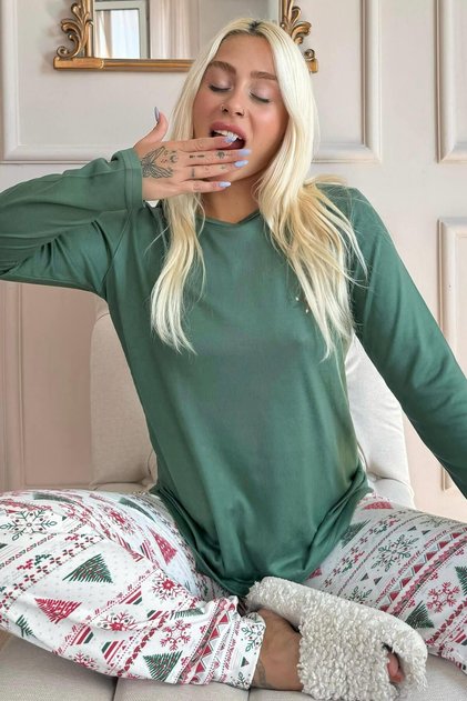 Set de pijamale termice pentru femei, cu model etnic verde