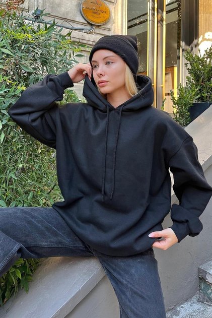 Black Essentials Back Printed Hooded Women's Cotton Sweatshirt