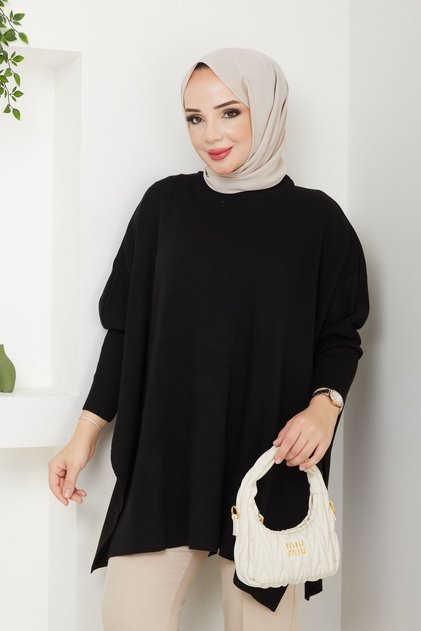 Kadın Siyah Tesettür Triko Oversize Kazak
