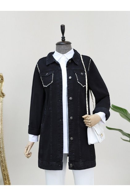 Cebi ve Omuzları İncili Random yıkama Oversize Reglan Kol Tesettür Kot ceket -Siyah