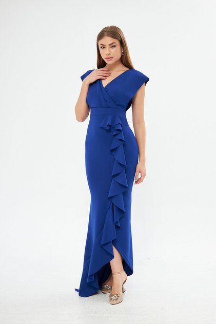 New Season Flexible Blue Scuba Fabric Flounce Detail Evening Dress and Graduation Dress 729 582443