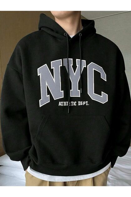 Men's Black Nyc Printed Oversize Hooded Sweatshirt