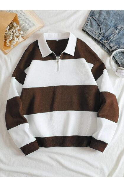 Unisex Brown Striped Oversize Polo Neck Half Zipper Sweatshirt