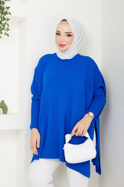Women's Sax Blue Hijab Knitwear Oversize Slit Sweater