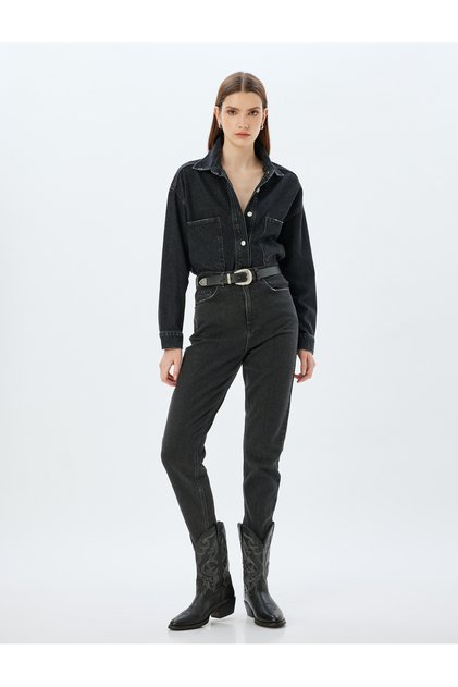 Mom Fit farmernadrág, normál derékmagasságú, rövid szárú, gombos, zsebes pamut - Mom Fit farmer