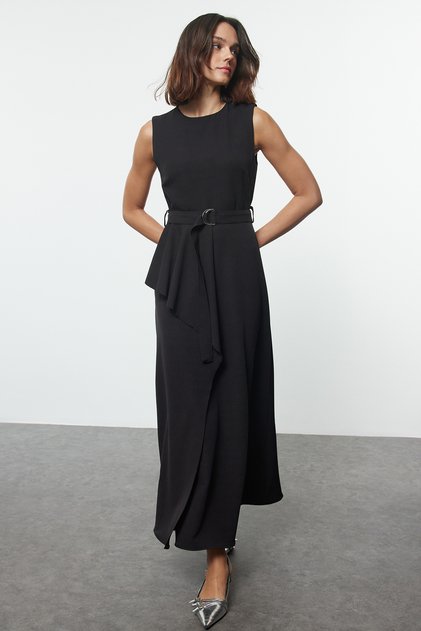 Black Belted Front-Detail Sleeveless Woven Pinafore Dress TCTAW25EB00088