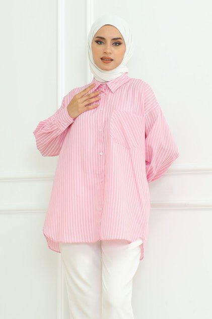 Women's Pink Striped Long Sleeve Single Pocket Hijab Shirt