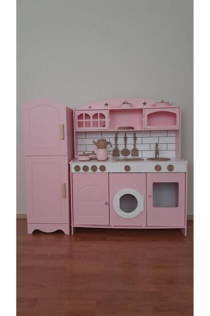 Özka Hobi Ahşap Özka Hobi Pembe Buzdolaplı 7 Adet Mutfak Seti