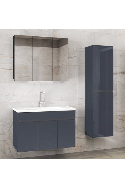 Viola3 Antrasit (100 35) 135 Cm Ayna Ve Boy Dolaplı Seramik Lavabolu Mdf Banyo Dolabı Seti Hazır Kurulu
