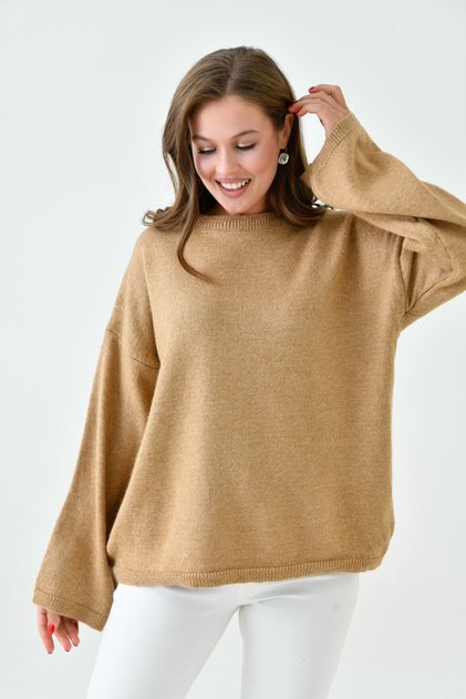 Kadın Düşük Omuz İspanyol Kol Bisiklet Yaka Uzun Kollu Camel Oversize Triko Kazak 4091