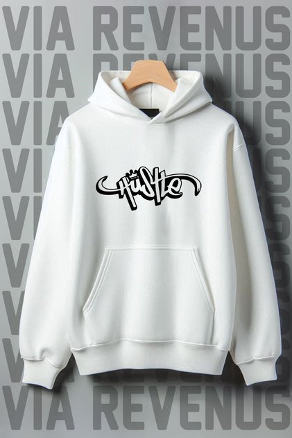 Hustle Printed Kangaroo Pocket 3 Thread Ribbed Oversize Wide Fit Hooded Sweatshirt