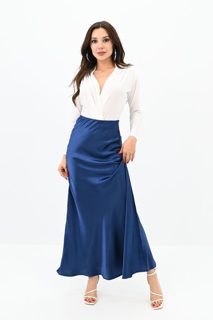 Women's Midi Length High Waist Draped Satin Skirt 6275-24