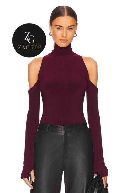 Women's Burgundy Turtleneck Off-Shoulder Finger-Loop Silk Jersey Blouse