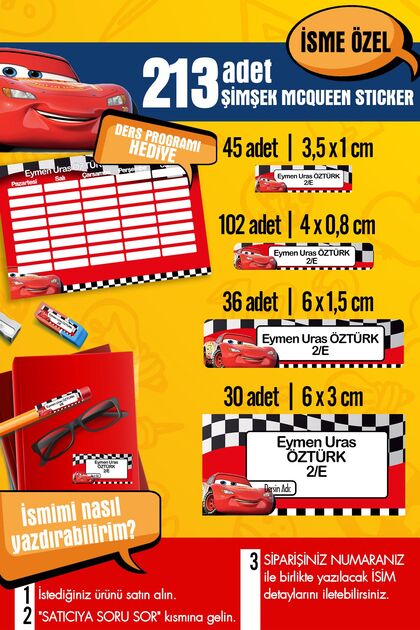 Okul Etiketi ŞİMŞEK MCQUEEN Temalı Özel İsim Yazılabilen Kalem, Defter,Boya,Kitap Etiketi - 213 Adet