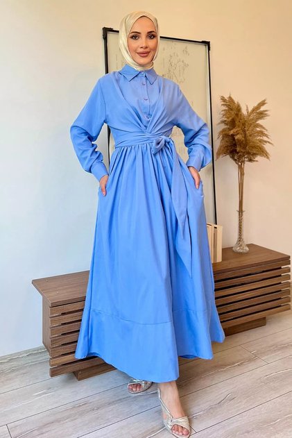 Half Buttoned Blue Hijab Dress - Waist Tied