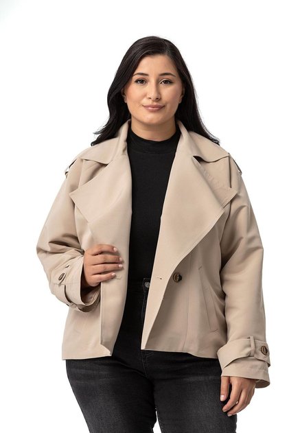 Plus Size Mono Collar Epaulet Pocket Oversize Lined Beige Short Trench Coat