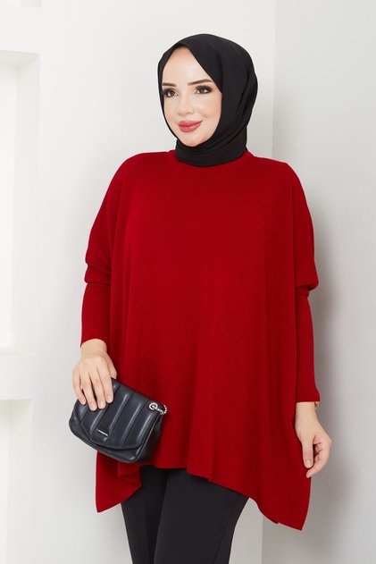 Women's Red Hijab Knitwear Oversize Sweater