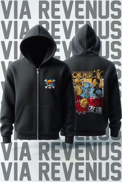 Hanorac unisex cu glugă și fermoar, imprimat față și spate, One Piece