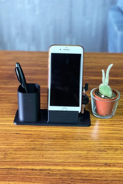 Desktop Pen Holder and Phone Stand - Black