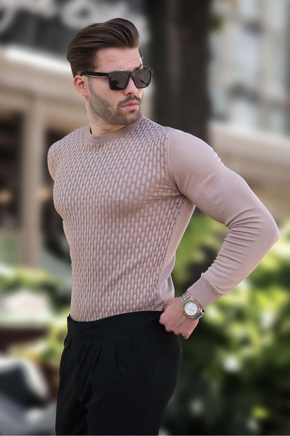 Pulover tricotat pentru bărbați cu model bej 7266