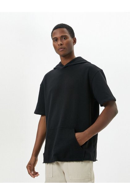 Hooded T-Shirt Short Sleeve Kangaroo Pocket Detail Off Shoulder