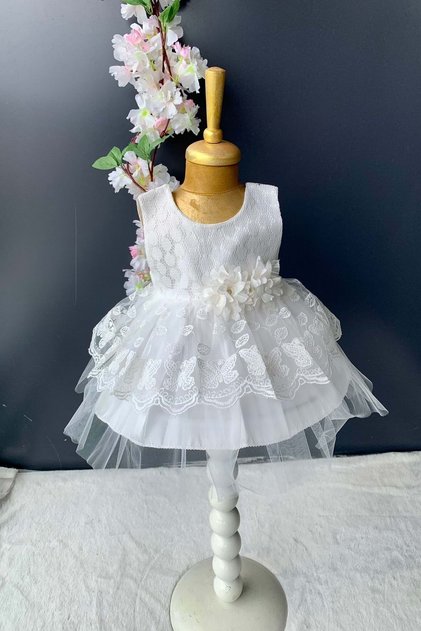 Kat Lace Rose Motif Baby Girl Dress Pnpn159 White