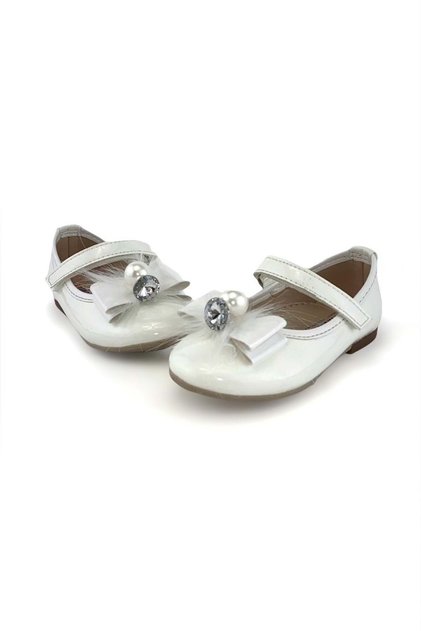 Patent Leather Feather Buckle Pearl Ballerina Shoes Ecru