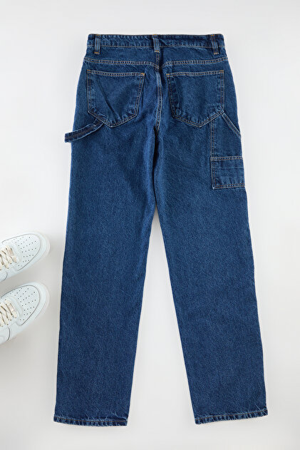 Trendyolmilla Man Orta Mavi %100 Pamuk Loose Fit Carpenter Bol Kot