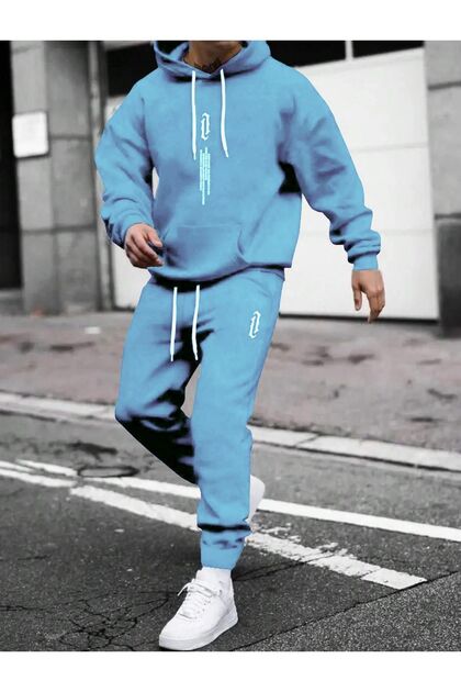 Altamira Erkek Bebe Mavi Dikey Baskılı Oversize Kapşonlu Eşofman