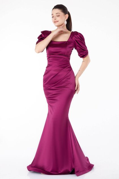 TOFSA Plum Pleated Degaje Collar Women's Evening Dress - Short Sleeve Dress  25520- Trendyol