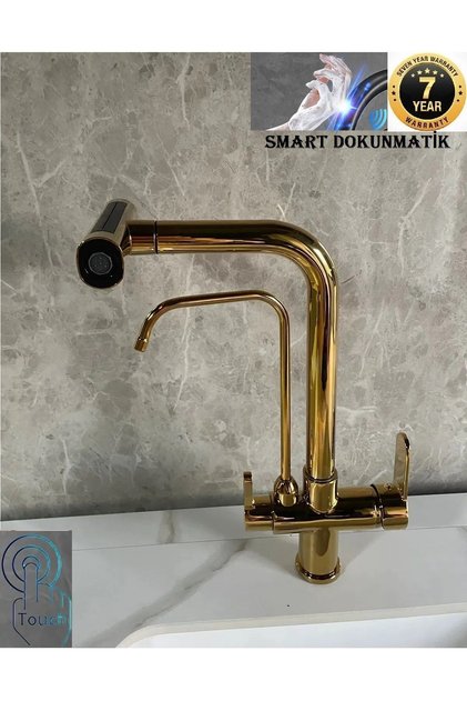 Kitchen Sink Faucet with Touchscreen Purification Outlet, Shower Waterfall, 3 Functions, Gold, Imported, 7 Years Warranty