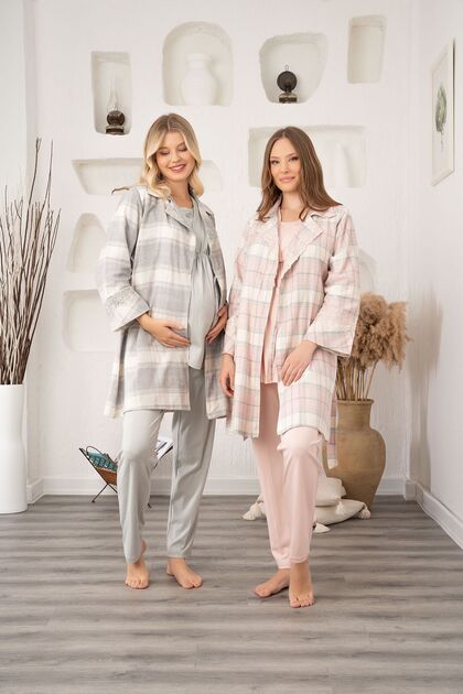 Women's Powder Flannel Plaid Winter Cotton Maternity Maternity Dressing Gown Pajama Set Set