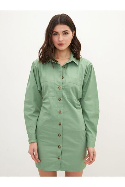 LC Waikiki Lcw Casual Front Button Closure Plain Long Sleeve Gabardine  Fabric Women's Shirt Dress- Trendyol