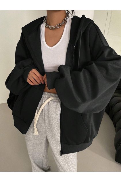 Baskısız Fermuarlı Kışlık Hırka - Siyah Oversize Şardonlu Kapüşonlu