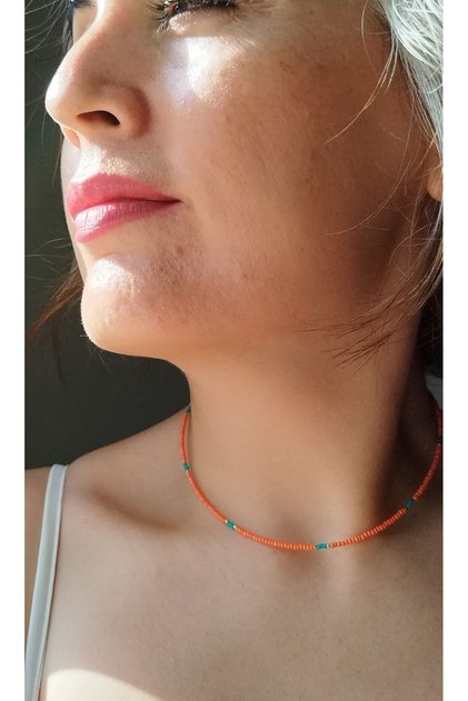 Sand Beads Orange Turquoise Minimal Choker Necklace