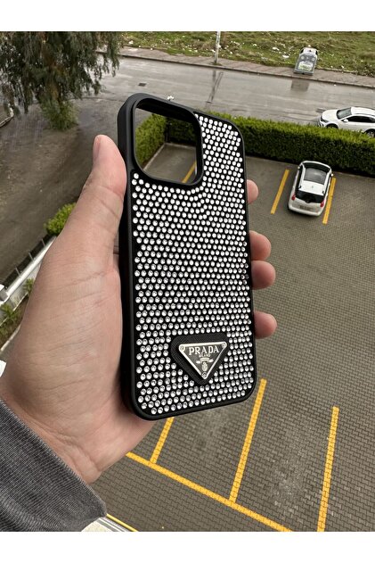 PRADA iPhone 14 Pro Maxケース casehometr İphone 14 Promax Uyumlu Prada Taşlı Siyah Silikon Kılıf