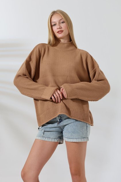 Half Turtleneck Stand Collar Long Sleeve Brass Knit Skirt Gathered Stylish Winter Knitwear Sweater