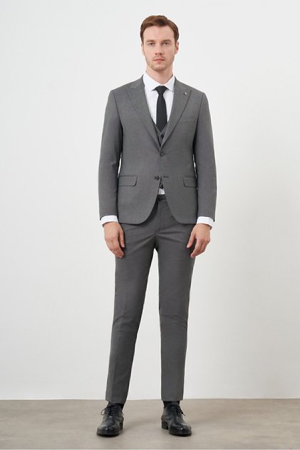 Men's Smoked Polyviscon Trend Vest Patterned Slim Fit Pointed Collar Suit