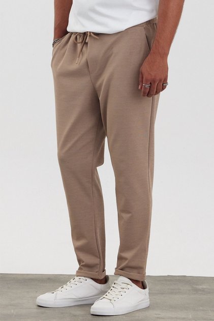 New Season Men's Boyfriend Fit Jacquard Double Leg Lycra Beige Jogger Pants Mz22008