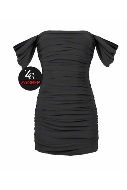 Women's Black Draped Gathered Sleeves Lined Inner Eye-Free Mini Dress