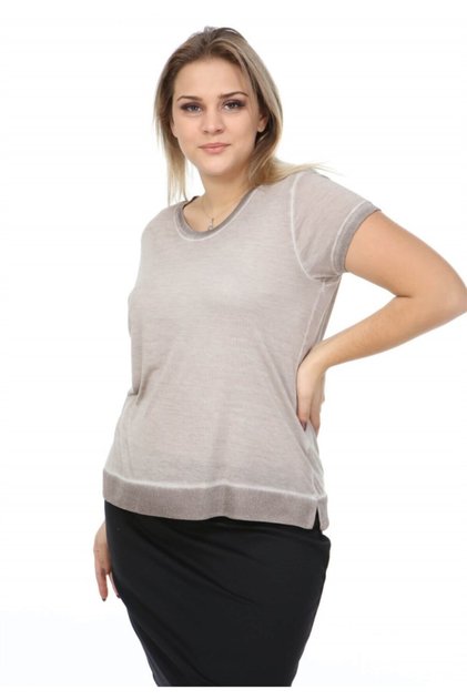 Women's Short Sleeve Blouse with Glitter Stripes on the Collar and Hem - beige